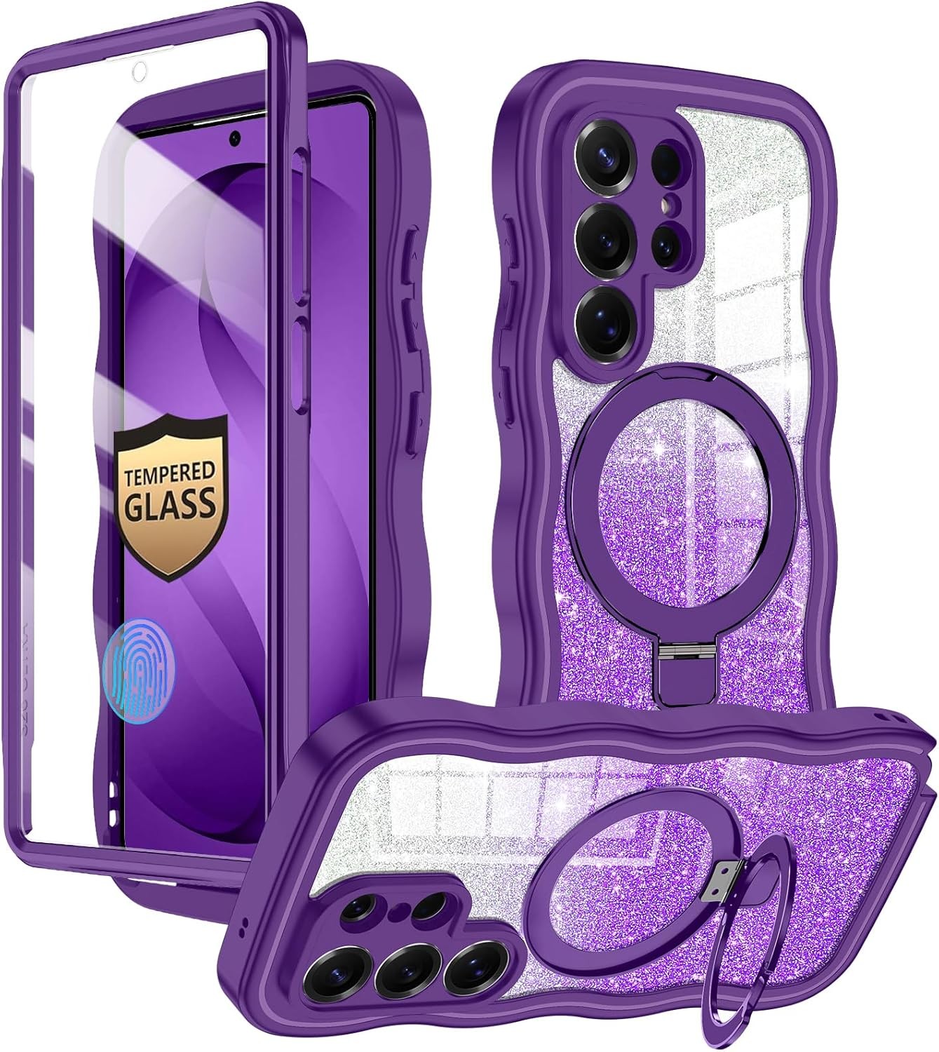 Galaxy S26 Ultra Case, Cute Wavy Magnetic Stand, Glitter Card, 9H+ Screen Protec