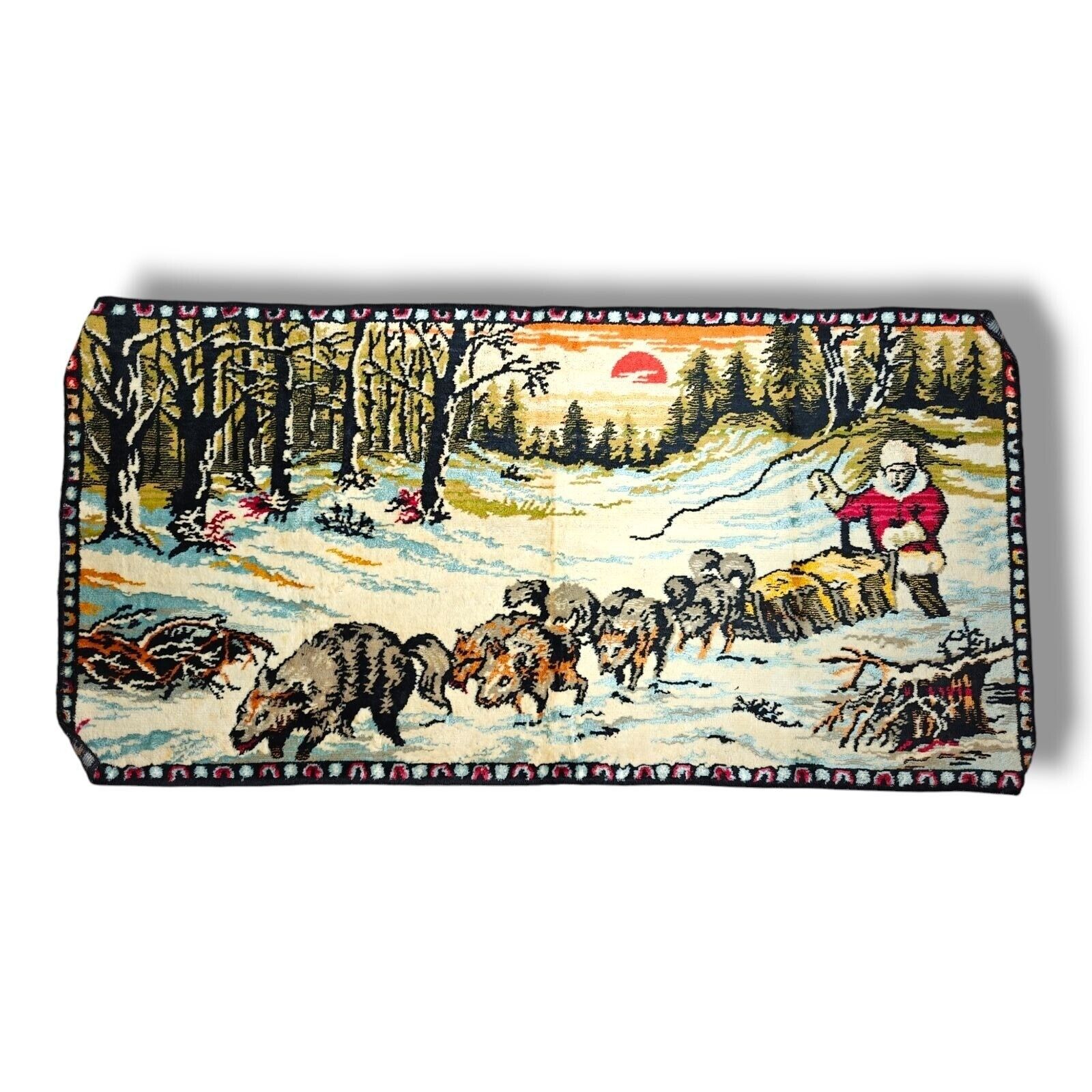 Vintage 70s Tapestry Belgium Santa Dog Sled Velvet Carpet Wall Decor Lodgecore