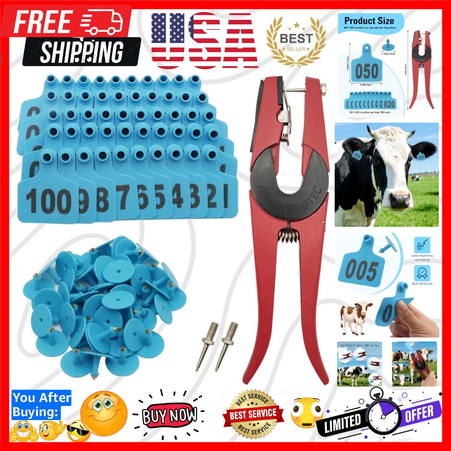 Cattle Ear Tags 001-100 Number Plastic Livestock Animal Tag for Cows Ear Tag ...