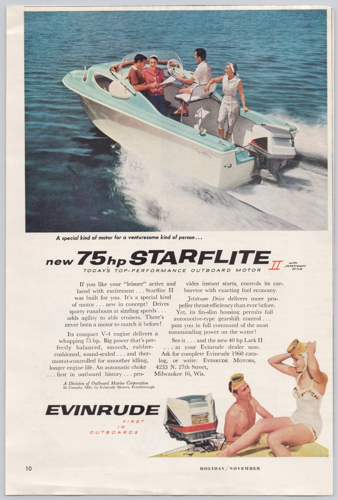 1959 Evinrude 75hp Starflite Outboard Boat Motor Vintage Print Ad