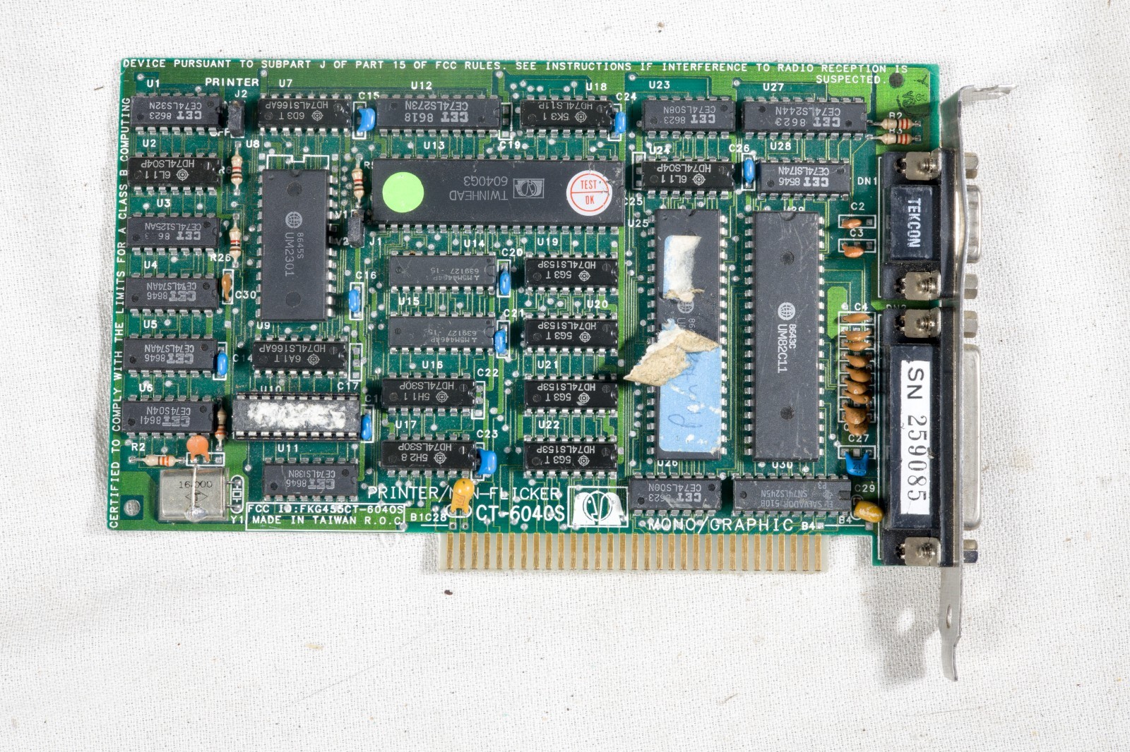 Vintage Twinhead CT-6040S monochrome graphics card 8 bit ISA untested ISAE44