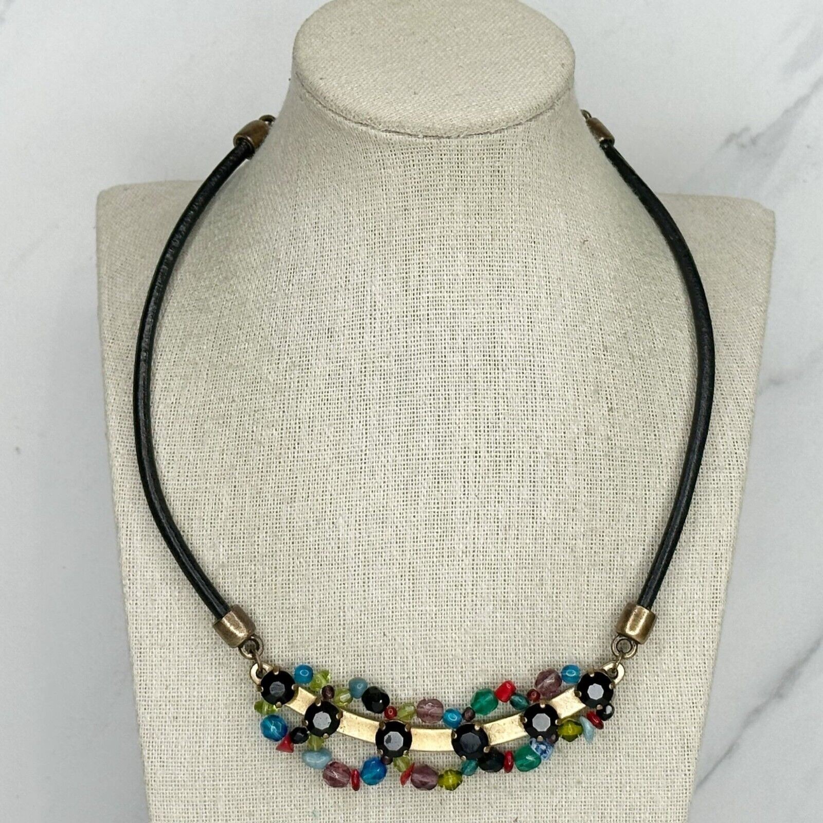 Chicos Colorful Beaded Gold Tone Black Cord Statement Necklace - 20"