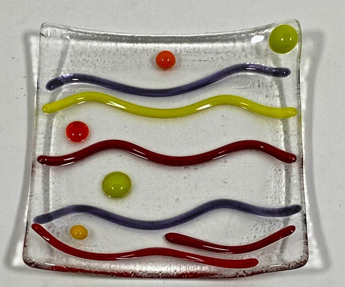Fused Glass Red Yellow Gray Trinket Dish 4"
