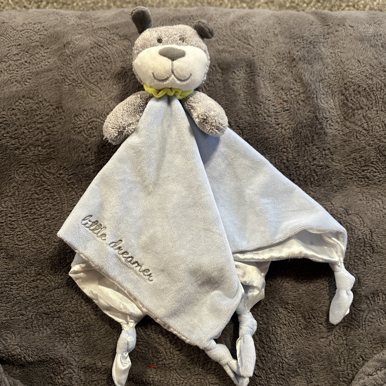 Carter’s Little Dreamer Gray Dog Blue Security Blanket Satin Lovey Rattle *Read*