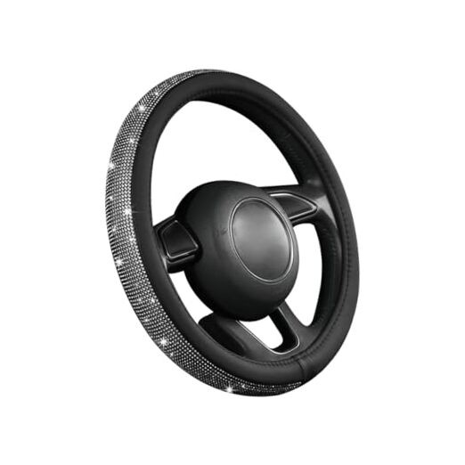  Steering Wheel Cover, Bling Crystal Rhinestones Auto Wheel Protector, Black