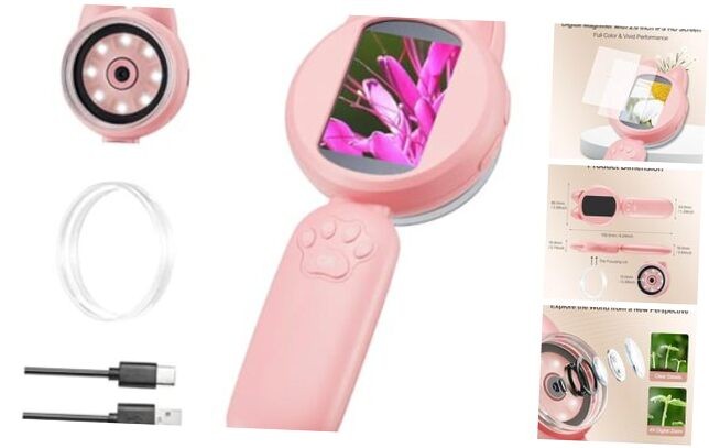 Mini Digital Microscopy, 2-inch IPS Screen 200X Magnifying Glass Handheld Pink