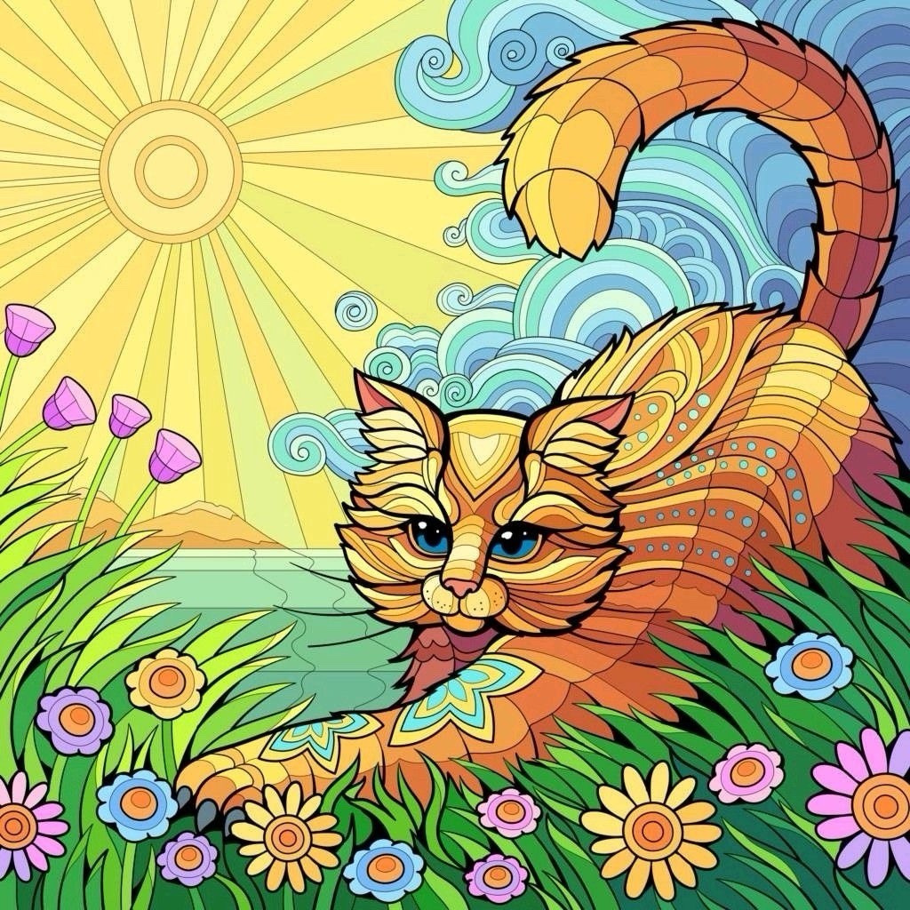 Colorful Cat Abstract Pop Art Poster, Nature Sun Flowers Landscape Theme