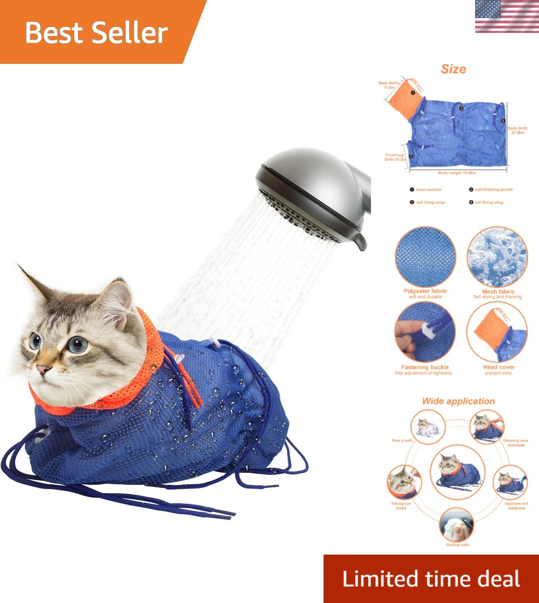 Breathable Mesh Cat Grooming Bag in Blue-Orange - Adjustable Anti-Scratch Design