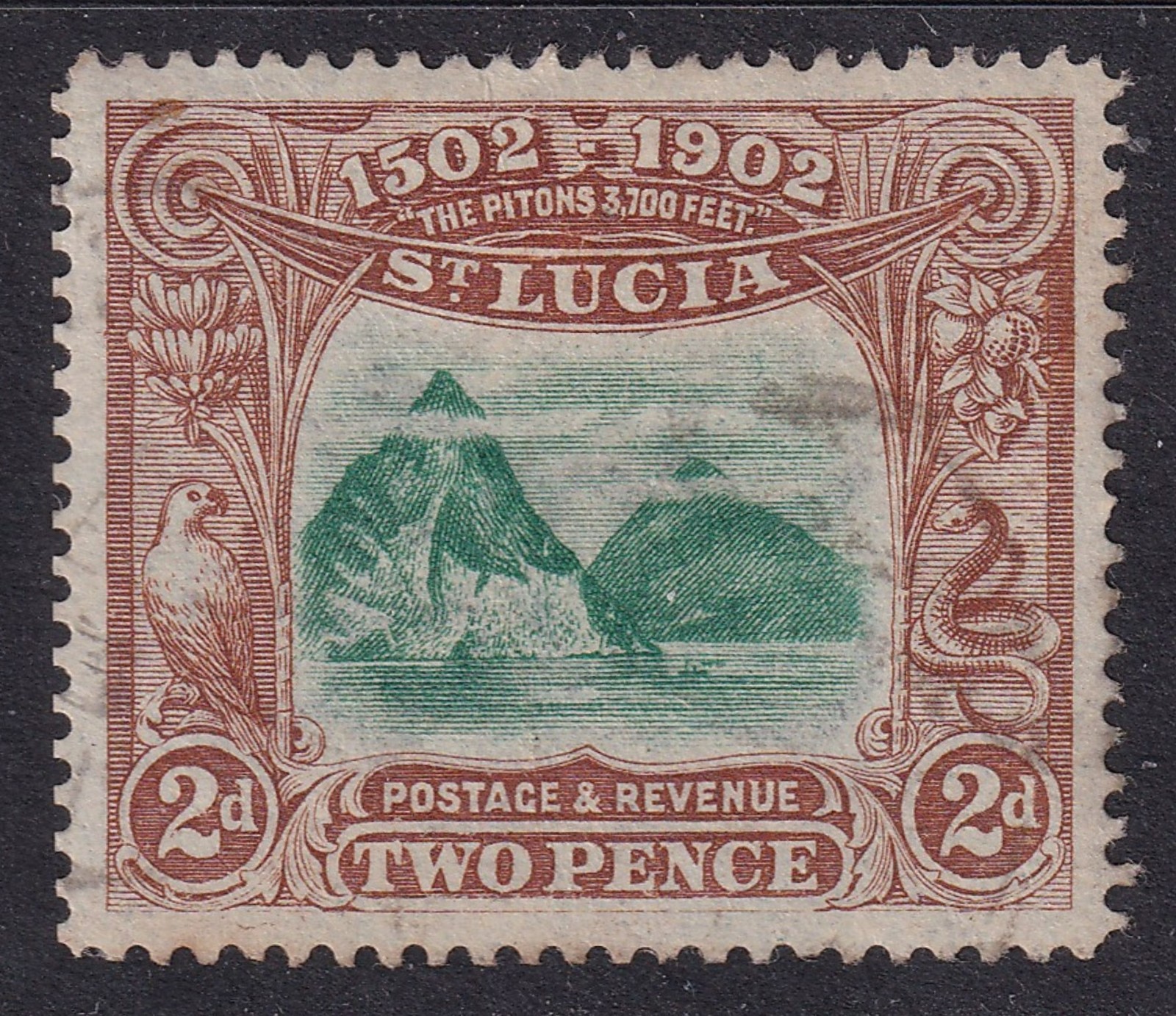 ST. LUCIA 1902 Discovery 400th Anniversary 2d The Pitons SG 63 Used