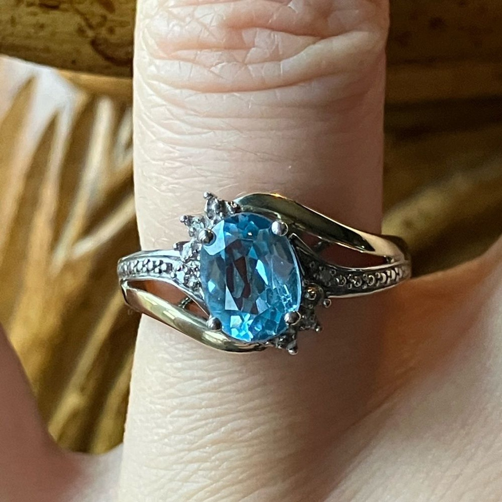 Swiss Blue Topaz White Diamond 10k and Sterling Silver Ring Size 6