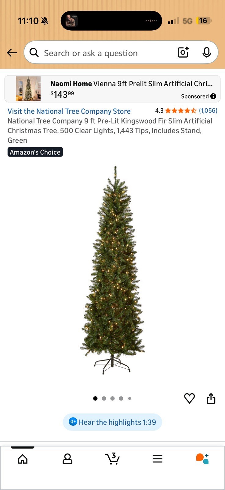 9 ft Pre-Lit Kingswood Fir Slim Artificial Christmas Tree, 500 Clear Lights, ...
