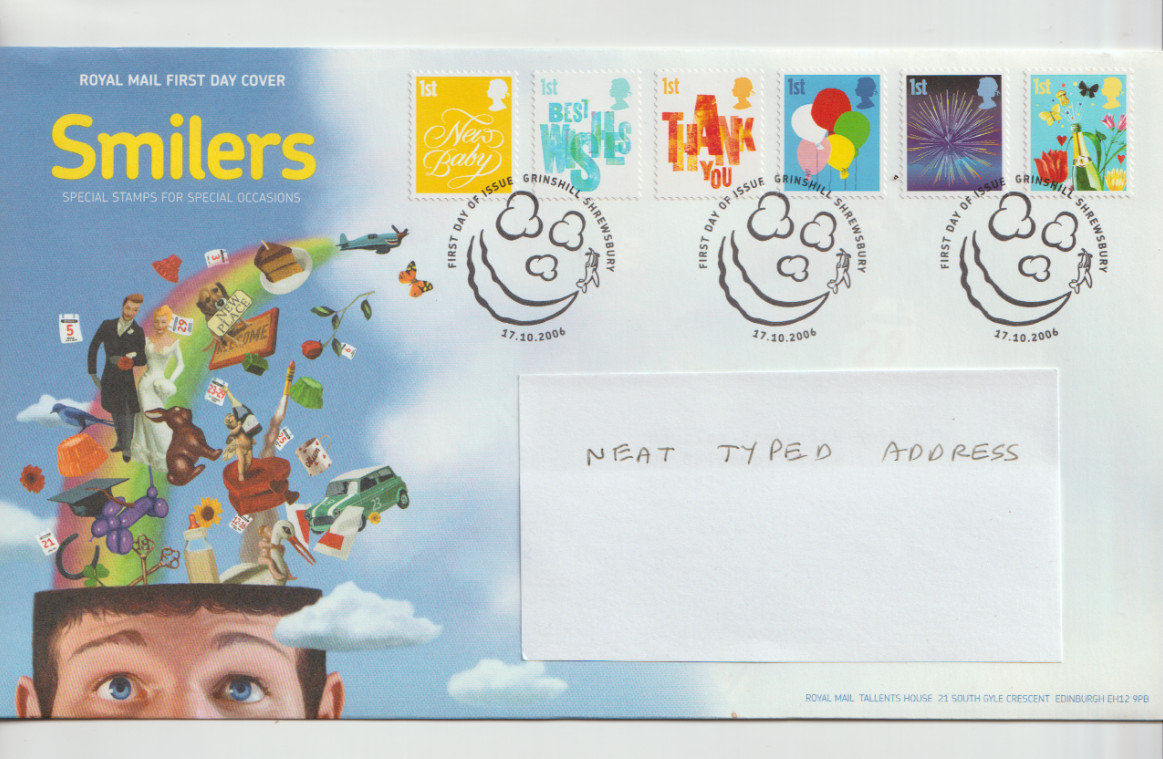 GB 2006 Smilers FDC Grinshill Shrewsbury pmk typed address