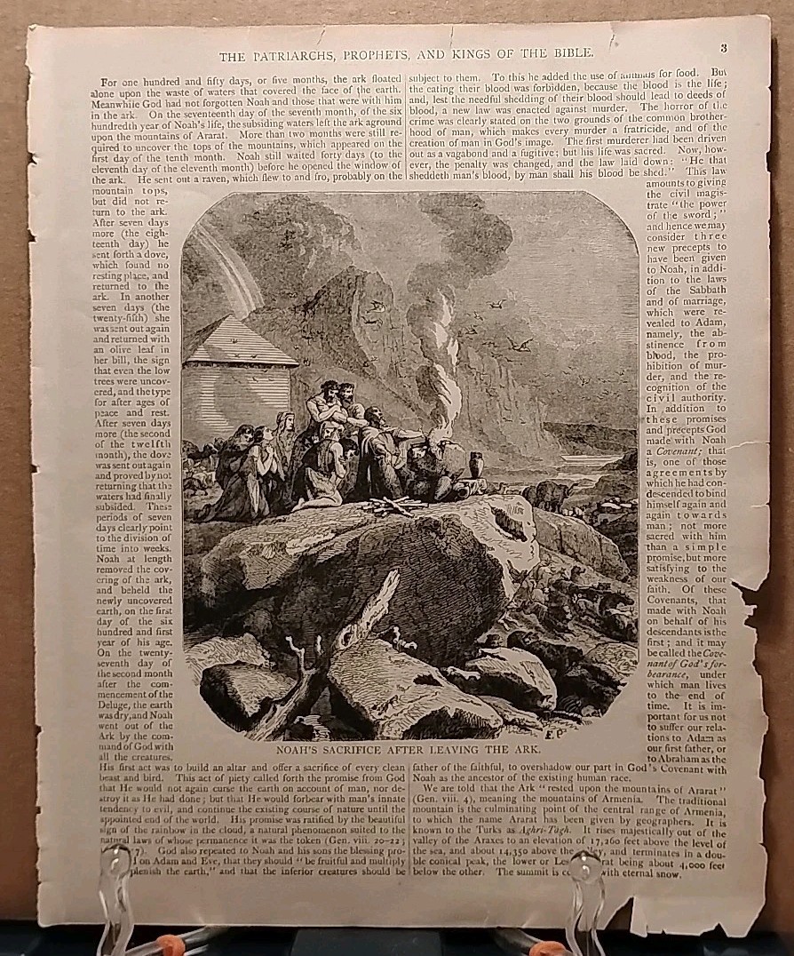 1884 - Vintage NOAH'S SACRIFICE UPON LEAVING THE ARC Antique Bible Print 1800s