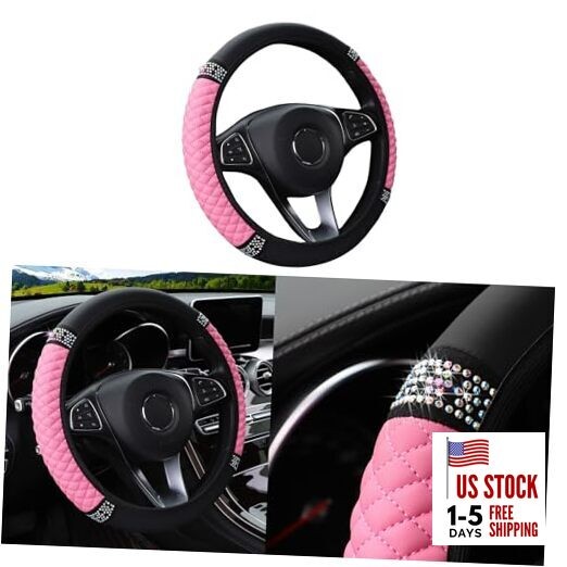 Bling Car Steering Wheel Cover, 15 Inch Rhinestones Soft Leather Elastic Pink