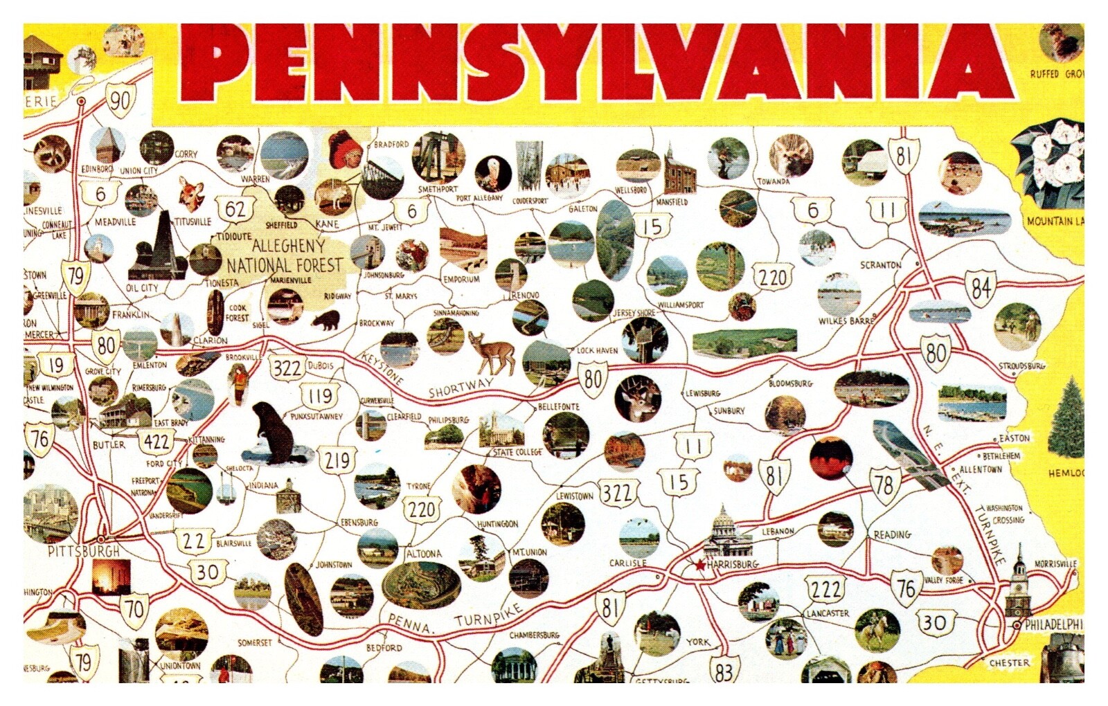 PA Pennsylvania Points of Interest Map State Symbols Chrome Postcard