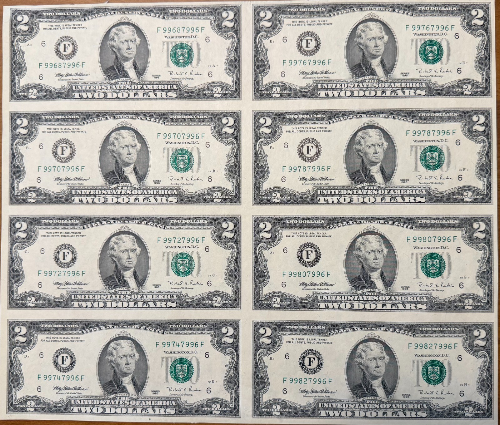 $2 Two Dollar Bills Uncut Currency Sheet - Two Columns of Four, 8 Notes - $16