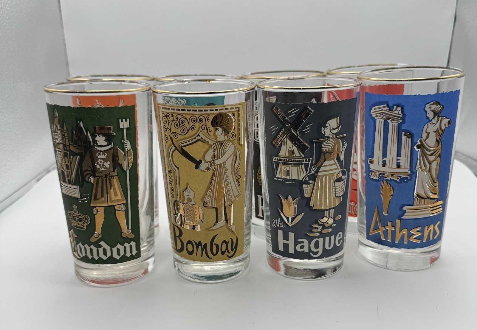 Vintage Libbey International Cities of The World Set-8 MCM Highball Glasses 12oz