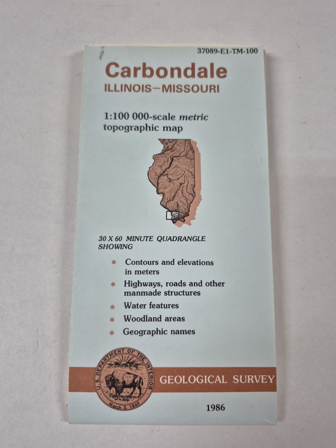 1986 USGS Carbondale Illinois-Missouri 1:100 000-scale metric topo map 30 x 60