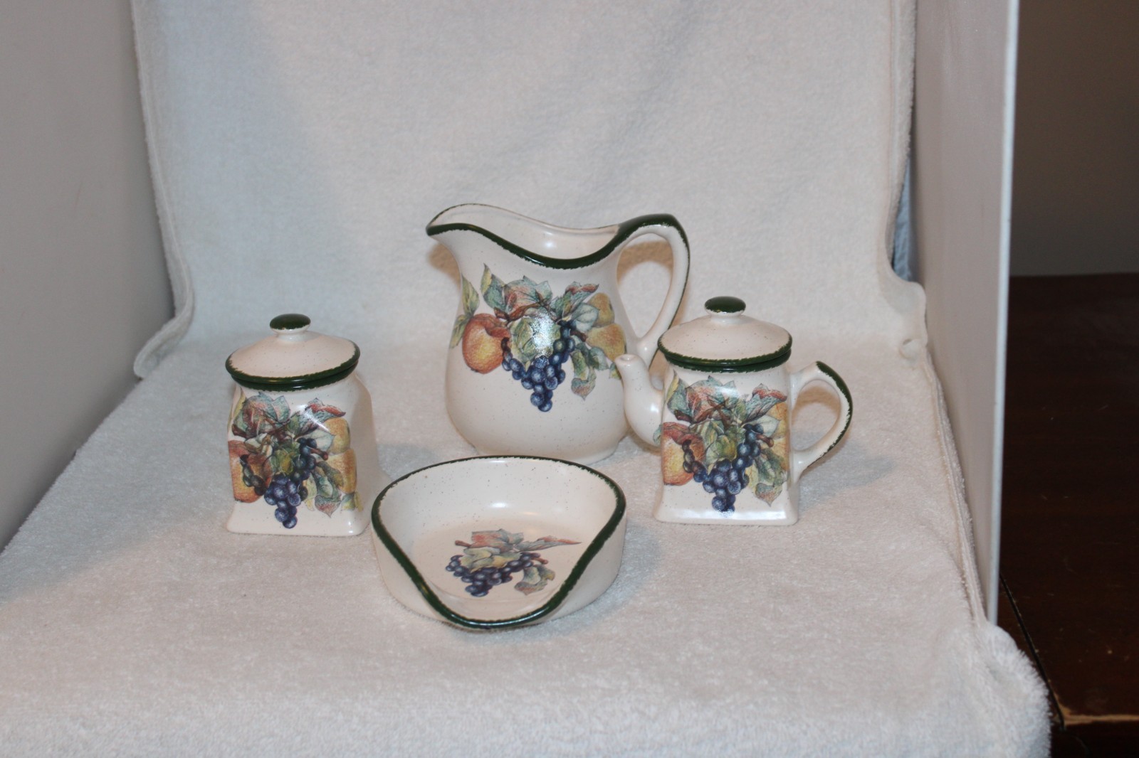 Lot of 4 Green Rimmed, Grape Themed, Ceramic, Pitcher, Teapot, Sugar, Dish