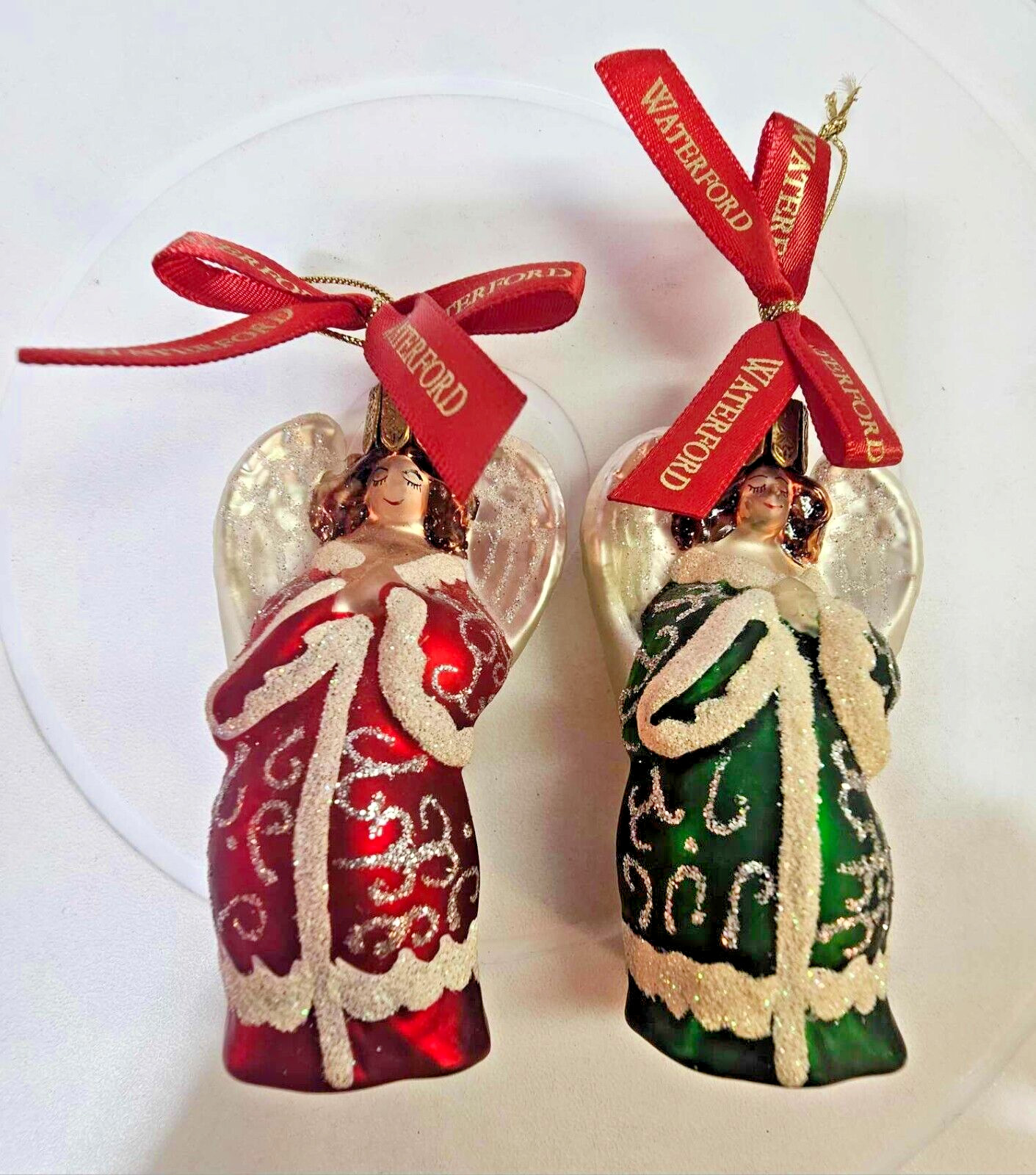 2 vtg waterford heirlooms glass angel red green Christmas Ornament small- X62