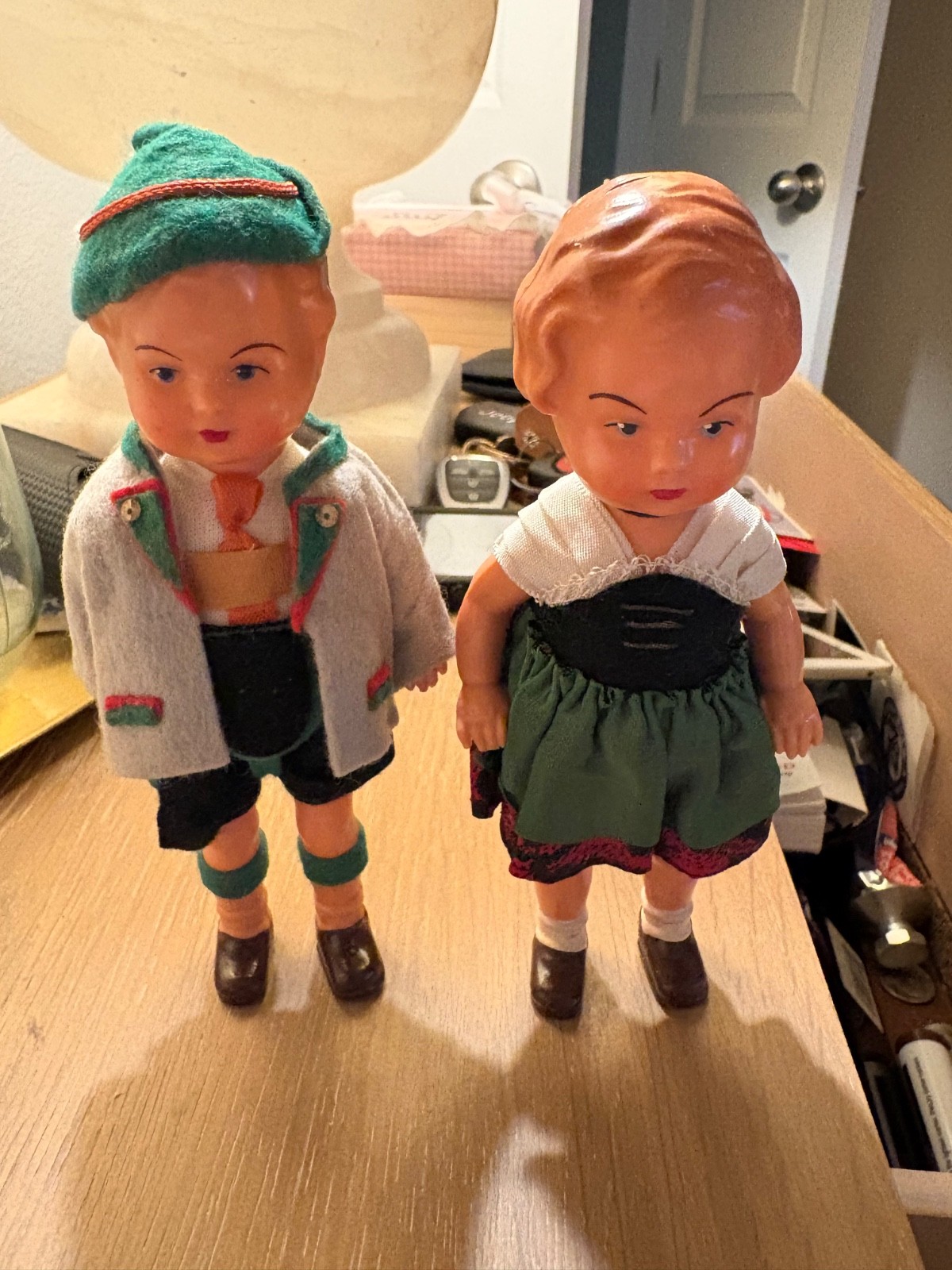 Vintage EDI Germany Dolls 6.75 in Boy & Girl Pair Bavarian Clothes Hard Plastic