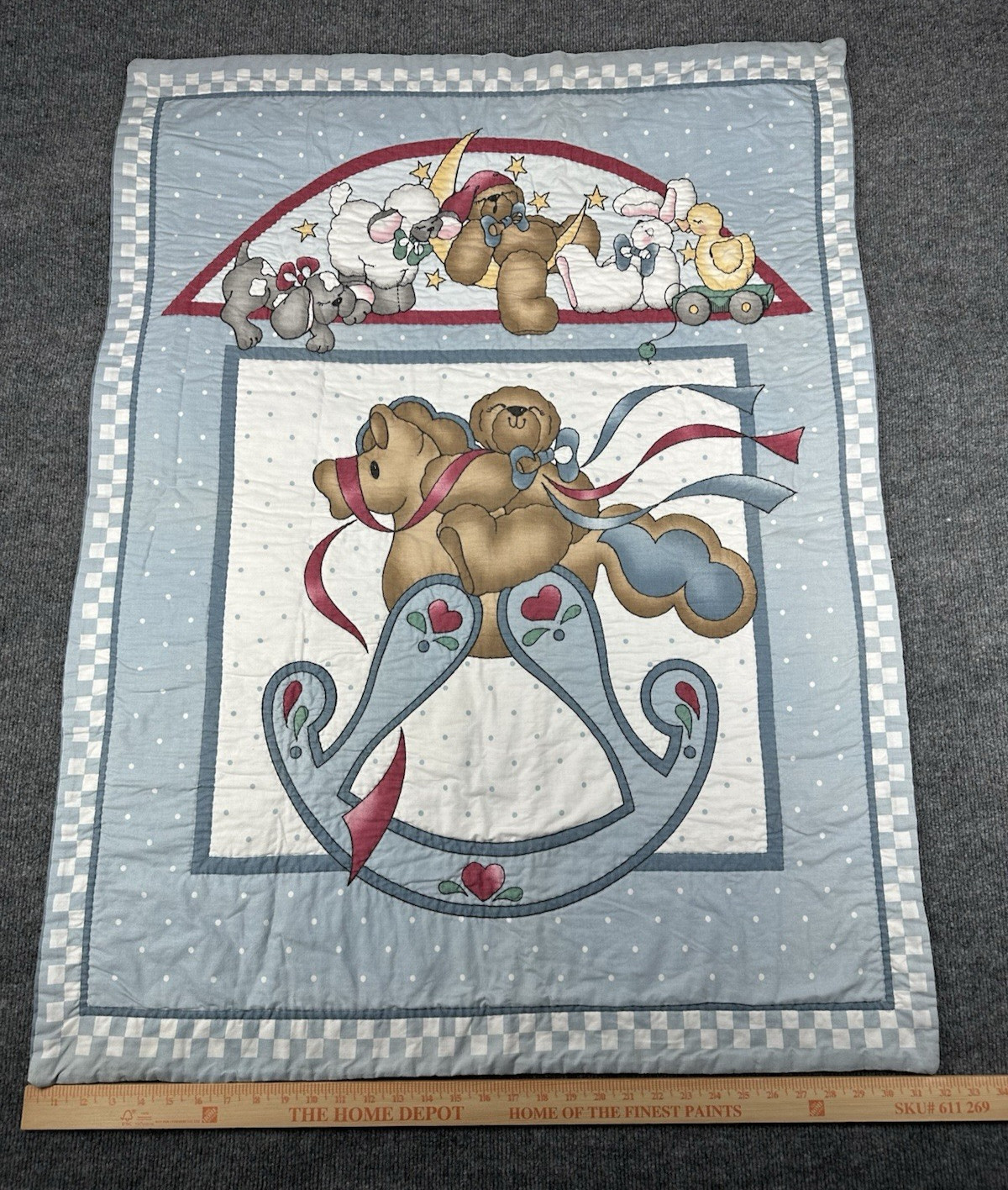 Vintage 90s Daisy Kingdom Baby Quilt Blanket Rocking Horse Teddy Bear Crib