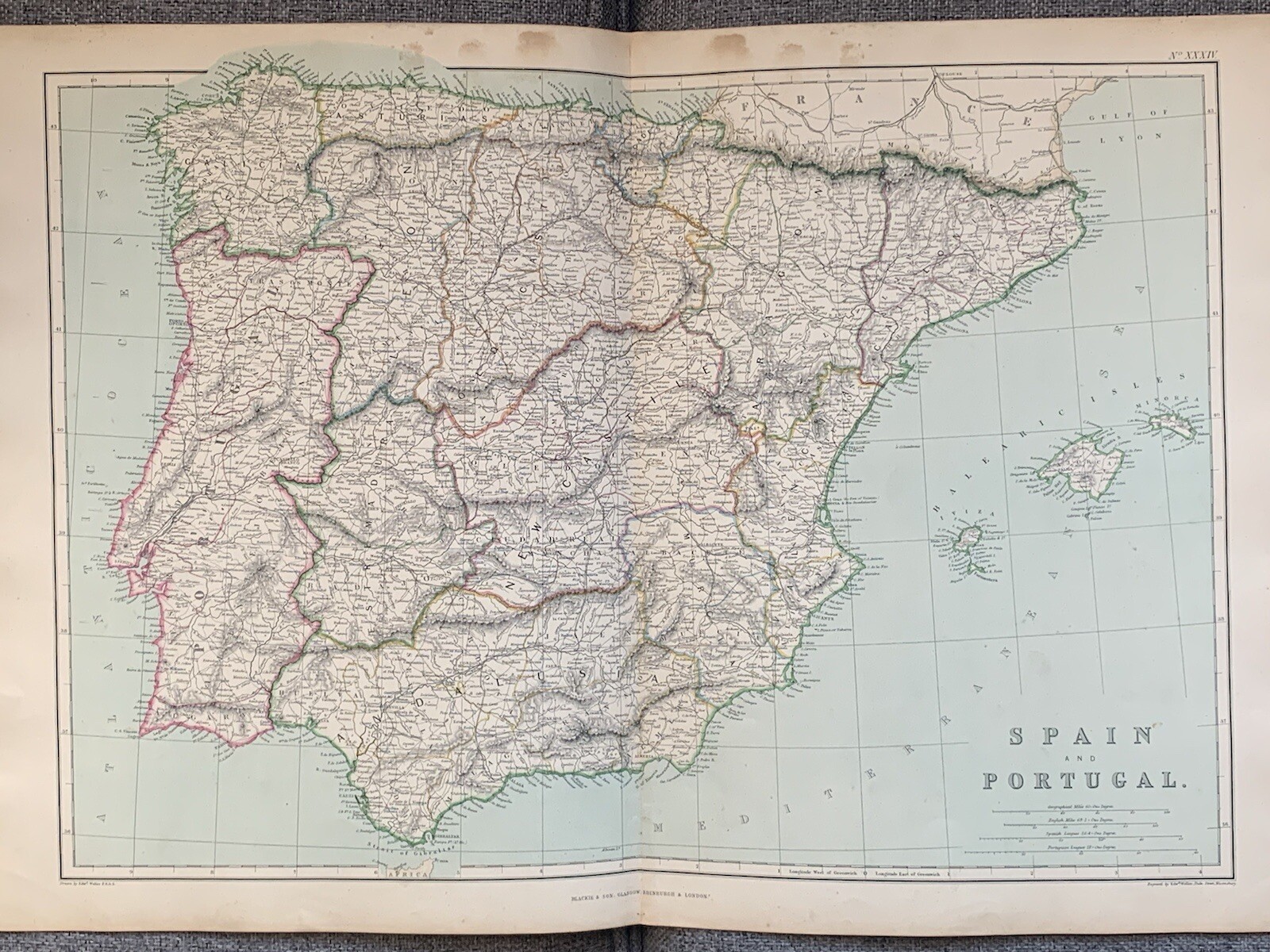 1872 Spain & Portugal Large Hand Coloured Antique Map By W.G. Blackie
