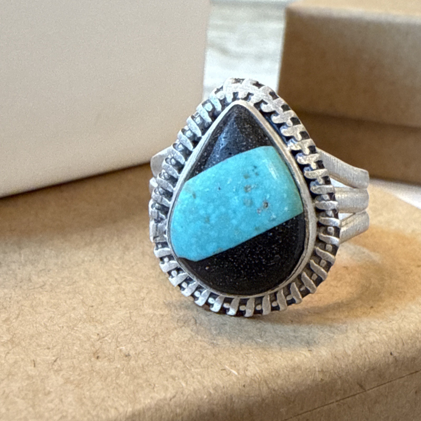 BLACK JACK TURQUOISE Ring Navajo Southwestern Matte Sterling Silver Adjustable