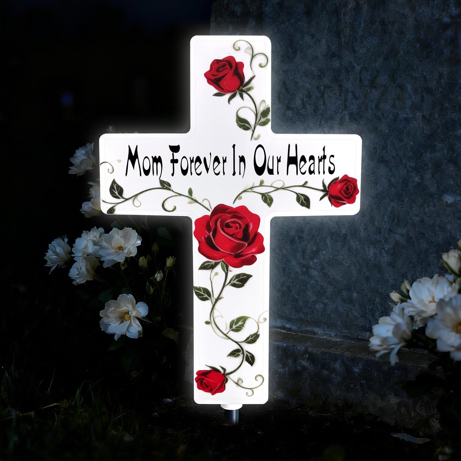 Solar Cross Light, Rose Flower Mom Grave Decorations for Cemetery Memorial Ga...