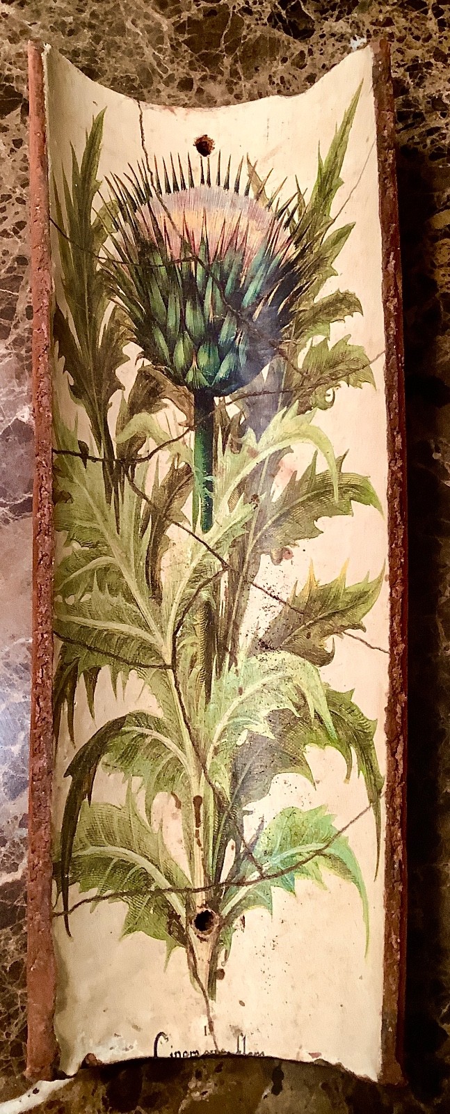 Rustic Terracotta Roof Tile w Provincial Decoupaged Botanical Artichoke Bloom