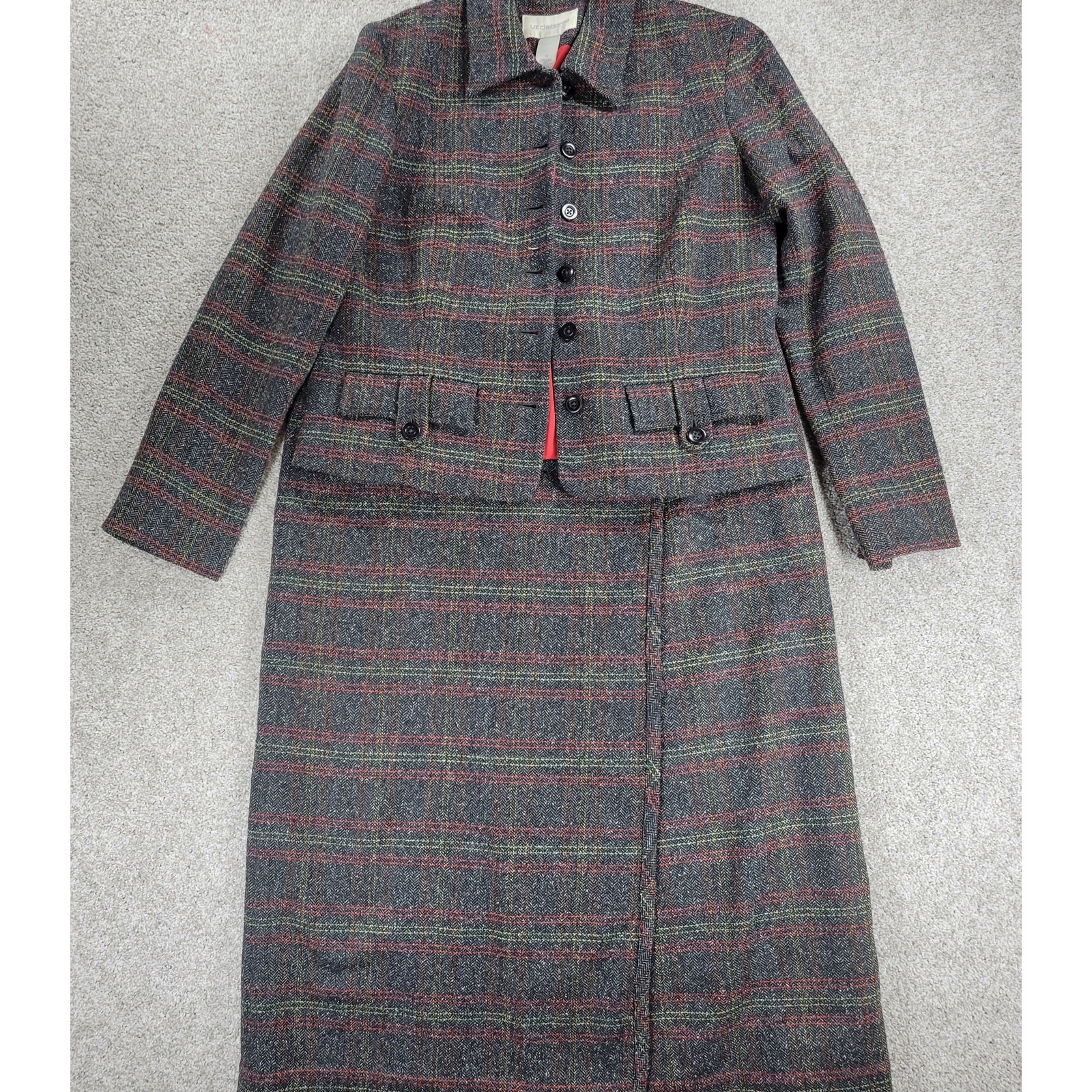 VTG Liz Claiborne Tweed Skirt Suit Womens 12 Gray Faux Wrap Wool Blanket Skirt