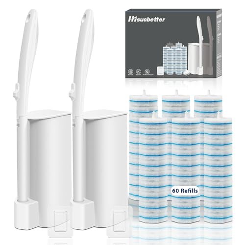 2 Pack Disposable Toilet Brush Set with 60 Refills, Wall-mounted Toilet Bowl 