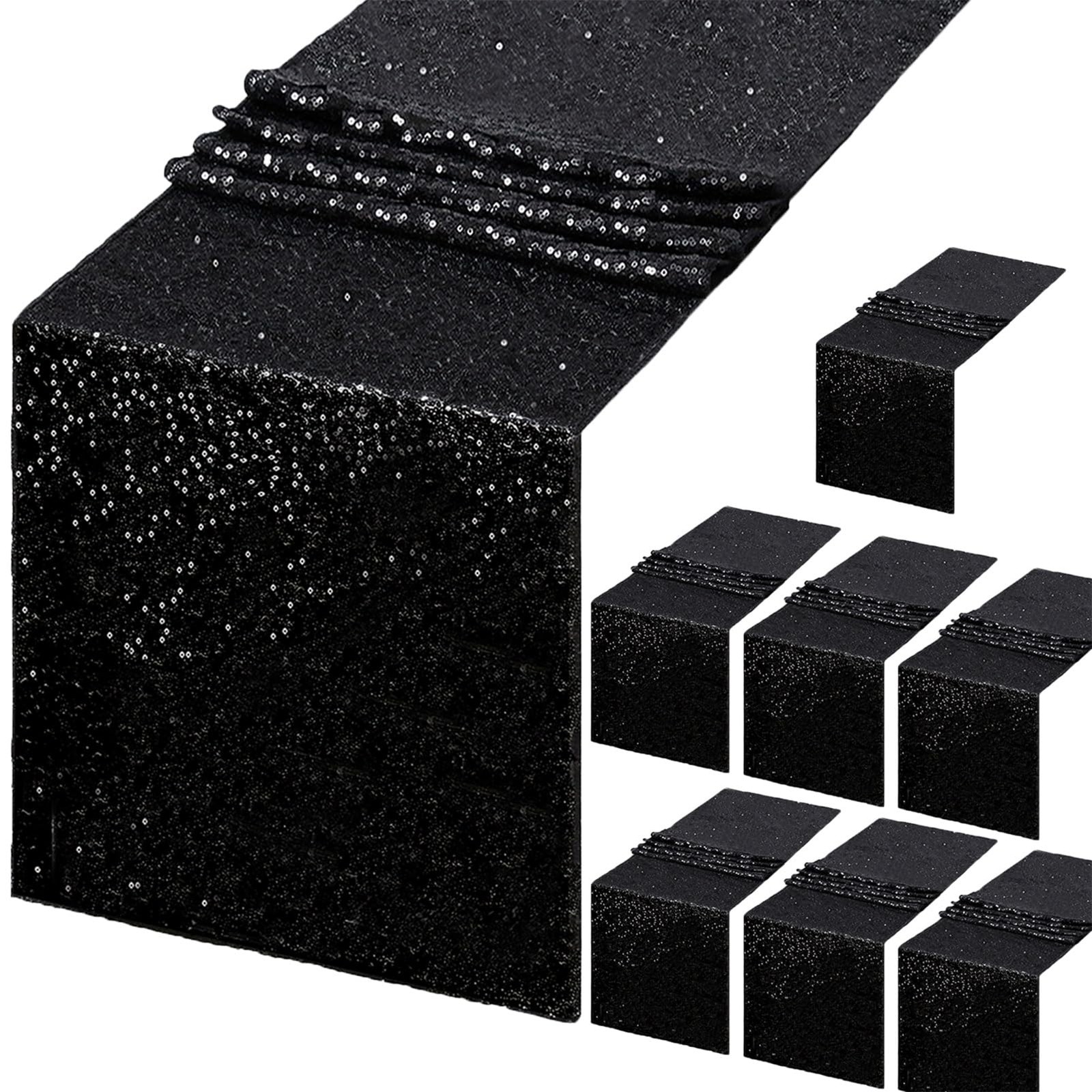 B-COOL 8-Pack Black Sequin Table Runner 12x72" Glitter Fabric Holiday Party Deco