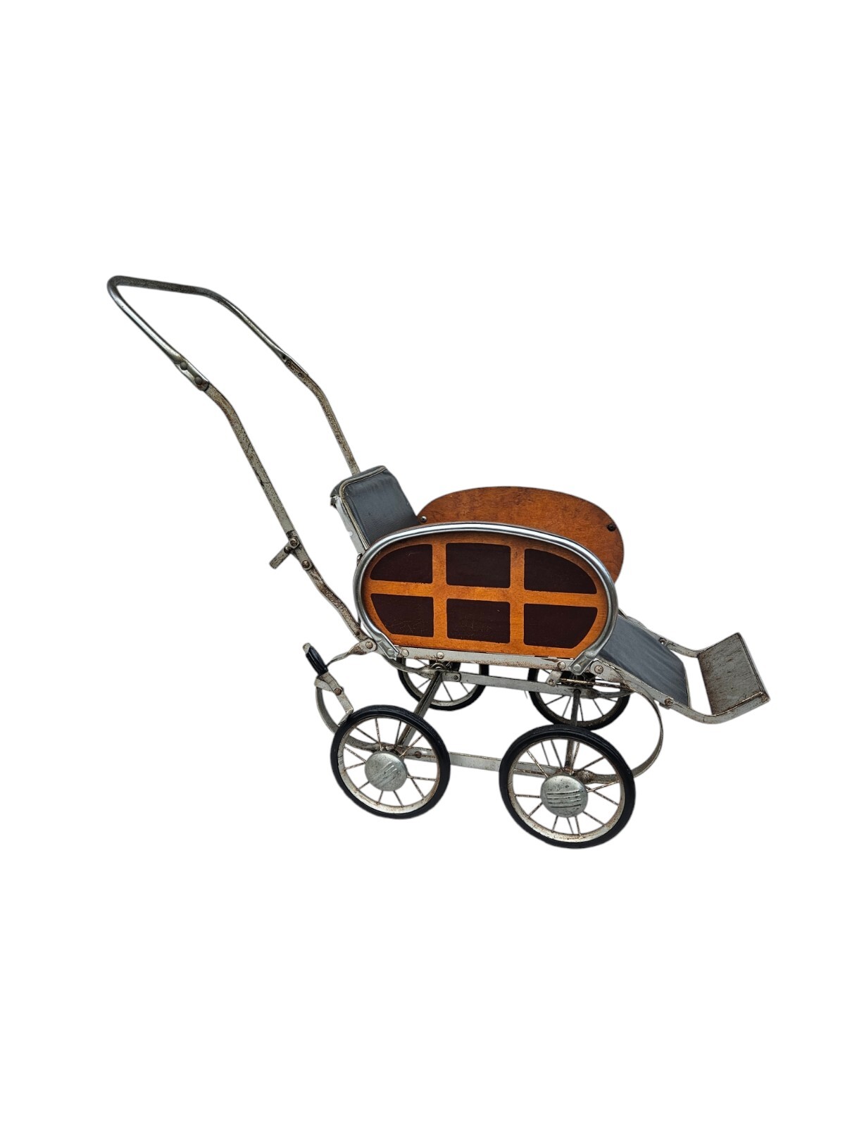 Vintage Doll Baby Carriage Pram Stroller Metal And Wood Folding Mid Century