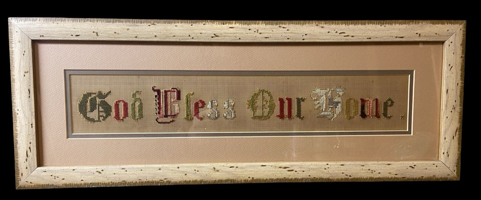 EUC Professionally Framed Antique Folk Needlepoint God Bless Our Home 9 x 25"