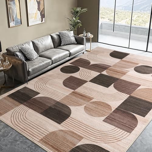 Large Machine Washable 9x12 Area Rug, Soft Modern Geometric 9x12 Feet Brown