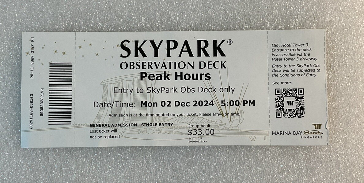 Skypark Observation Deck Singapore Admission Ticket Stub 2024 Expired