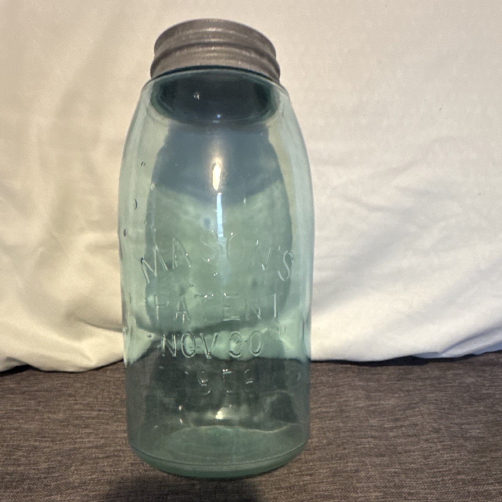 Mason's Patent Nov 30th 1858 Antique Blue Glass Jar with Metal Lid Collectible