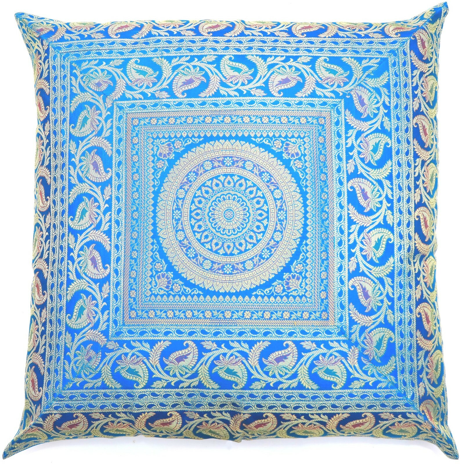 24" Handmade Mandala Silk Brocade Pillow Cushion Cover 60 x 60 cm Turquoise Blue