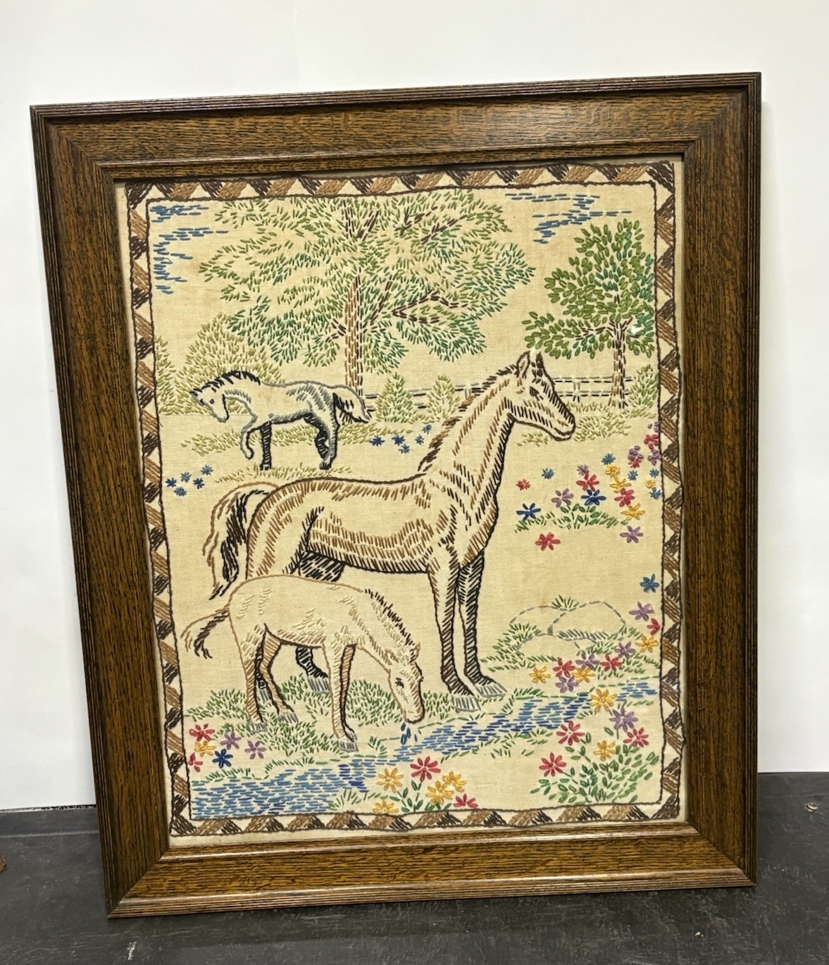 Antique Hand Embroidered Horses Folk Art Muslin Flour Seed Sack Cloth 1940s MCM