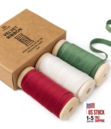  Christmas Velvet Ribbon Set 3/8" x 15 Yd Wooden Spool Fabric Red Green & White