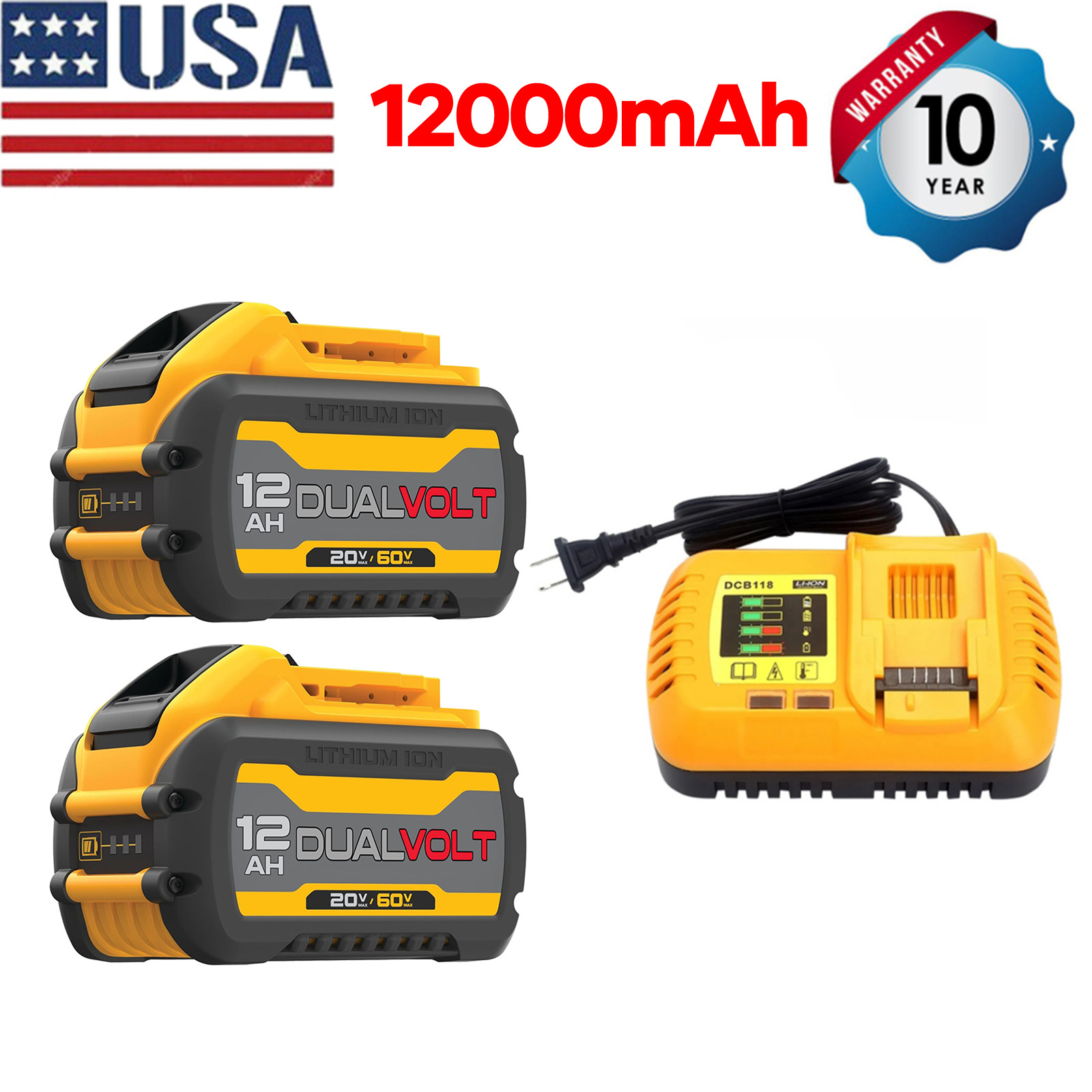 2PCS 12Ah Replacement DCB609 Battery for Dewalt 20V 60V Max Battery and Charger