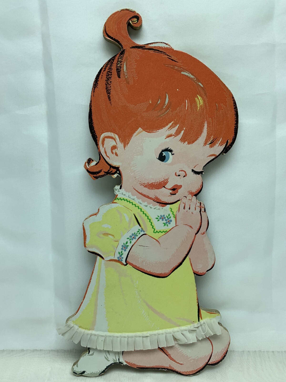 Vintage Pressed Cardbard Girl Praying Nursery Decor Christian  Theme 15”T