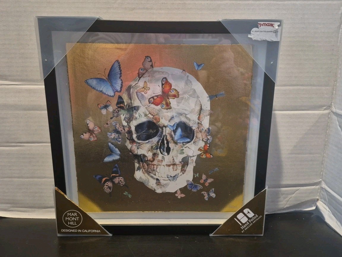 Marmont Hill Skull Butterfly Framed Gold Foil Art Work 12”x 12" NIB 