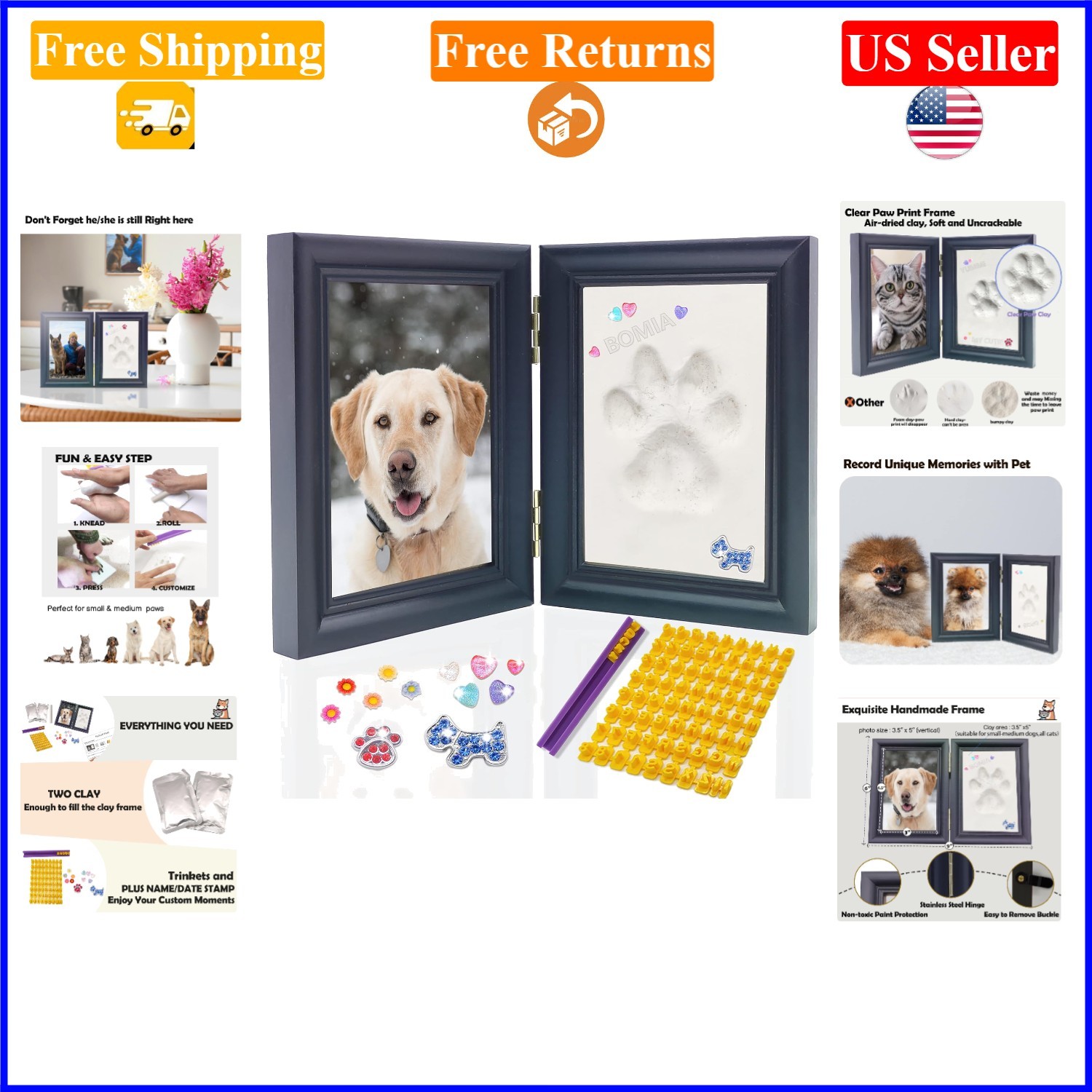 Black Pet Paw Print Kit with Frame, Trinkets & Clay for Memorial Keepsake