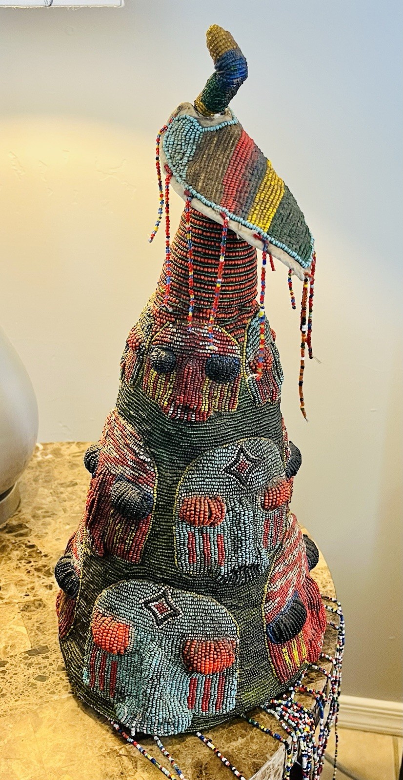 Nigerian Yoruba Beaded Multi-Colored Bird Crown Hat Weeping Skulls?  Vintage