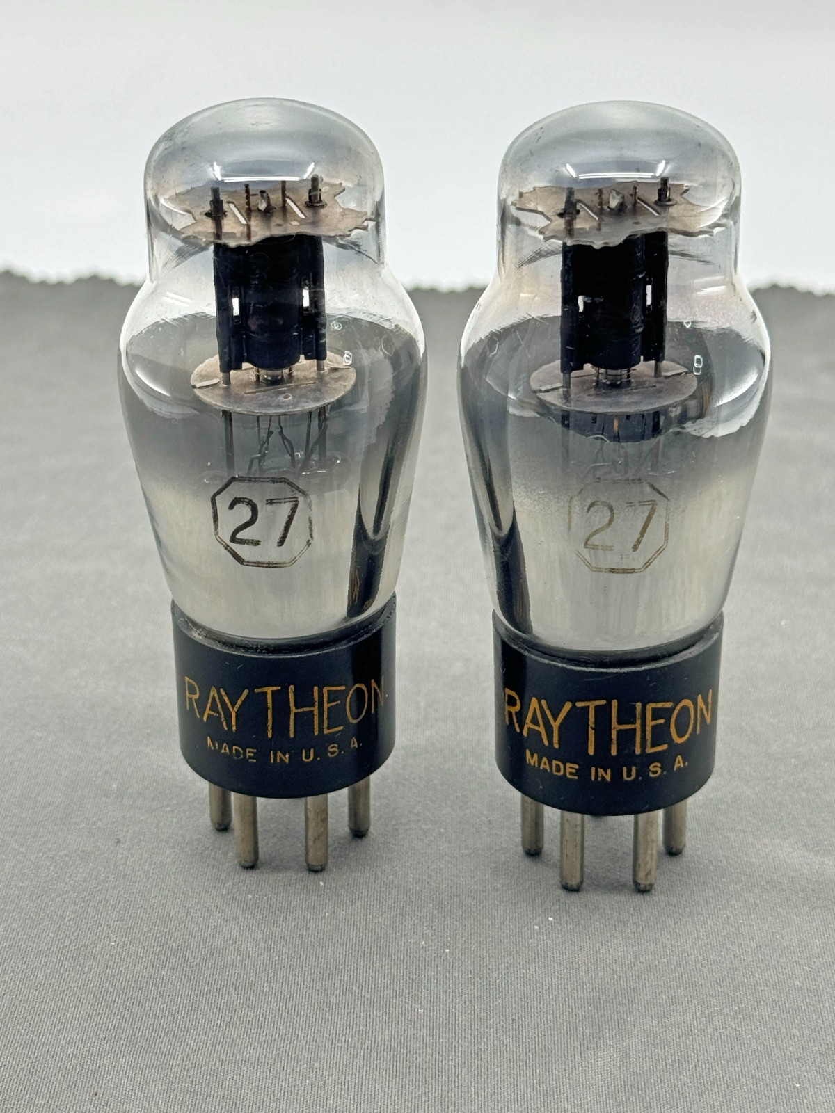 Matched Pair Raytheon Type 27 Radio Vacuum Tubes Black Plates Test NOS Amplitrex