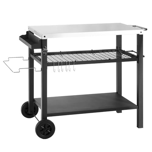 Dining Cart Table with Three Shelf, Movable Outdoor BBQ Stainless Steel-sliver
