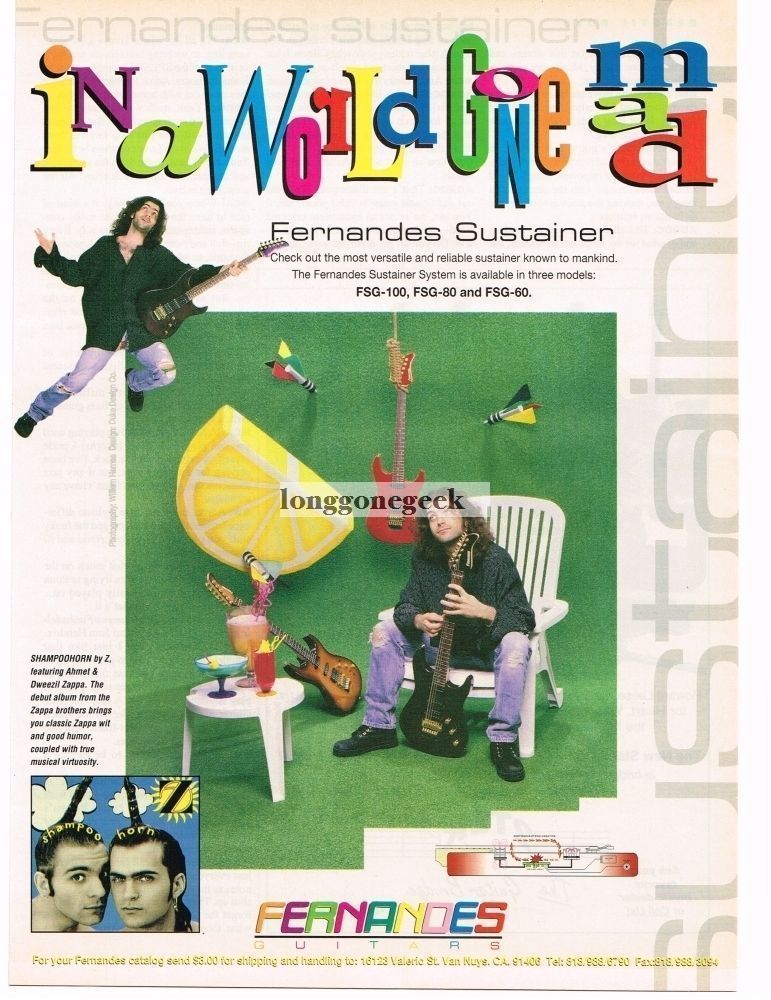 1994 Fernandes Sustainer Guitars Dweezil Ahmet Zappa Vintage Print Ad