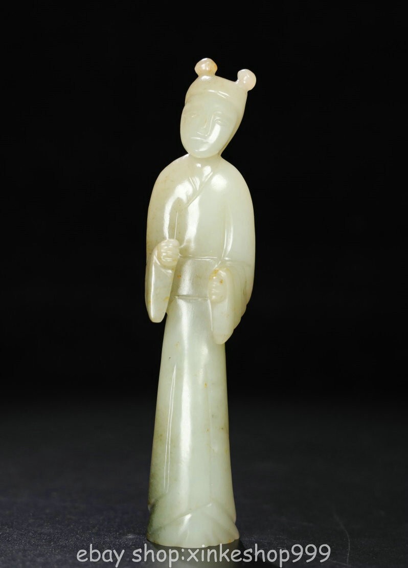 5.4" Chinese Natural Hetian White Jade Carving People Statue Sculpture